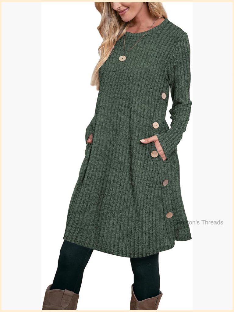 Long Sleeve Tunic Dress With Pockets Crew Neck Swing Dress